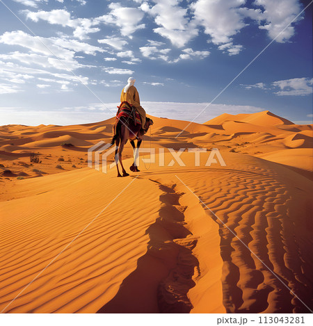 Person Riding Camel in Desert Landscape 113043281