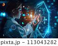 Woman Examining Futuristic Display. biohacking, health optimization, smart drugs 113043282