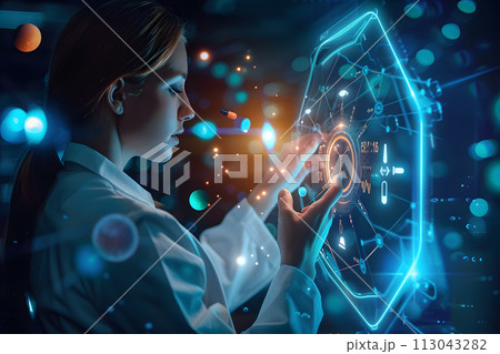 Woman Examining Futuristic Display. biohacking, health optimization, smart drugs Woman Examining Futuristic Display. biohacking, health optimization, smart drugs 113043282