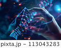 The hand of a researcher solving the issues of biohacking, DNA, life extension, health optimization, smart medicines 113043283