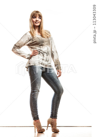 blonde fashionable girl in bright tshirt blonde fashionable girl in bright tshirt 113043309