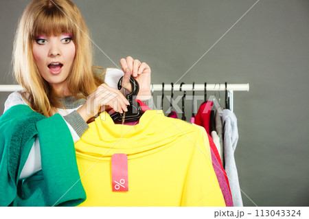 Woman holding discount label. Sale and retail. Woman holding discount label. Sale and retail. 113043324