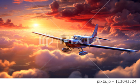 Small airplane flying over the clouds in the sky at sunset. Travel background and wide aerial banner. Generative AI 113043524