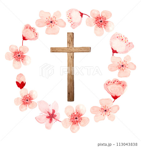 Watercolor wooden cross in a cherry flowers frame for Easter, holy Thursday isolated on white Watercolor wooden cross in a cherry flowers frame for Easter, holy Thursday isolated on white 113043838