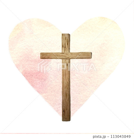 Watercolor wooden cross on a peach heart background. Card for Easter, holy Thursday isolated on white 113043849