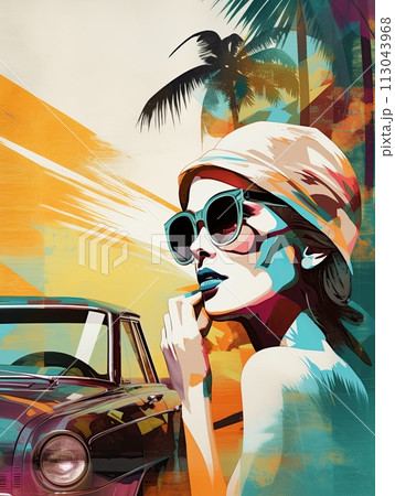 Portrait of a woman posing next to her car. 1960s summer vintage style poster illustration. Generative Ai 113043968