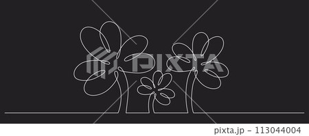 Clover flower banner for Saint Patrick day - good lucky symbol, single line. Vector stock minimalism illustration isolated on black background for design template invitation. Editable stroke. EPS10 Clover flower banner for Saint Patrick day - good lucky symbol, single line. Vector stock minimalism illustration isolated on black background for design template invitation. Editable stroke. EPS10 113044004
