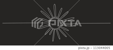 Sun - one single hand drawing continuous line banner. Vector stock illustration isolated on black chalkboard background for design template summer travel poster, flyer. Editable stroke. EPS10 113044005