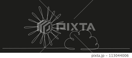 Sun and cloud - hand drawing one single continuous line banner. Vector stock illustration isolated on black background for design template weather forecast, travel blog. Editable stroke. EPS10 Sun and cloud - hand drawing one single continuous line banner. Vector stock illustration isolated on black background for design template weather forecast, travel blog. Editable stroke. EPS10 113044006