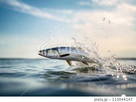 Herring fish jumping out of water. Generative Ai image 113044147