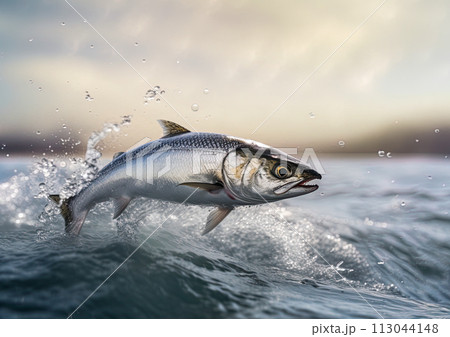Herring fish jumping out of water. Generative Ai image 113044148