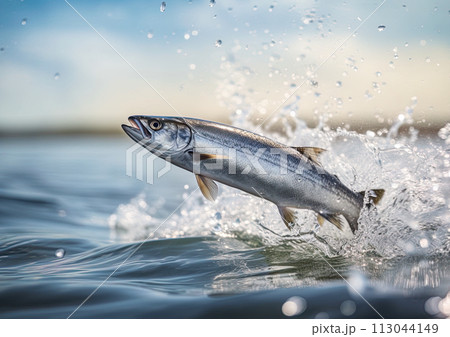 Herring fish jumping out of water. Generative Ai image 113044149
