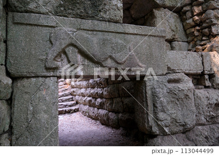 Ruins of Great Basilica in Butrint National Park, Buthrotum, Albania. Triconch Palace at Butrint Life and death of an ancient Roman house Historical medieval Venetian Tower surrounded. High quality Ruins of Great Basilica in Butrint National Park, Buthrotum, Albania. Triconch Palace at Butrint Life and death of an ancient Roman house Historical medieval Venetian Tower surrounded. High quality 113044499