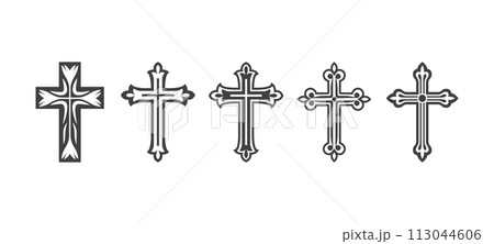Flat Vector Black Christian Cross Icons Set Isolated on a White Background. Line Silhouette Cut Out Christian Crosses Collection 113044606