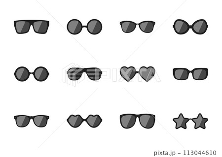 Vector Glasses Model Icons. Man, Women Frames, Different Shapes Sunglasses. Black Eyeglasses Isolated. Eyewear Silhouettes Vector Glasses Model Icons. Man, Women Frames, Different Shapes Sunglasses. Black Eyeglasses Isolated. Eyewear Silhouettes 113044610