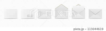 Vector White Envelopes with Blank Letter. Folded, Unfolded Isolated Envelope Set. Design Template. Message, Notification, Mailing, Surprise and Congratulations Concept 113044619