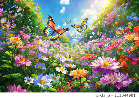 花園を舞う蝶のイラスト 113044901