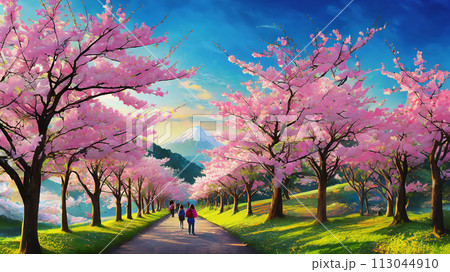 日暮れ前の桜並木のイラスト 113044910