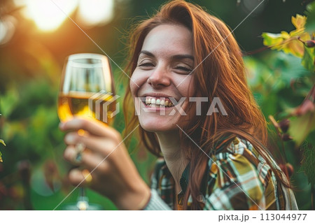 Smiling Woman Holding Glass of Wine 113044977
