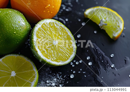 Limes, Oranges, and Lemons Arranged on a Black Surface Limes, Oranges, and Lemons Arranged on a Black Surface 113044991