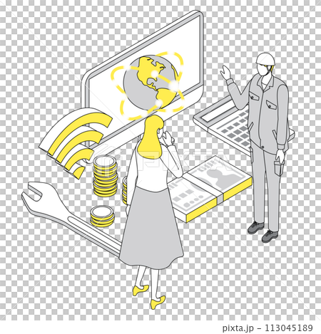 インターネット回線の業者と客が相談しているイラスト 113045189