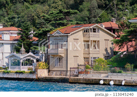 Green mountains of the Asian side of Bosphorus strait, with traditional houses and dense trees in a summer day 113045240