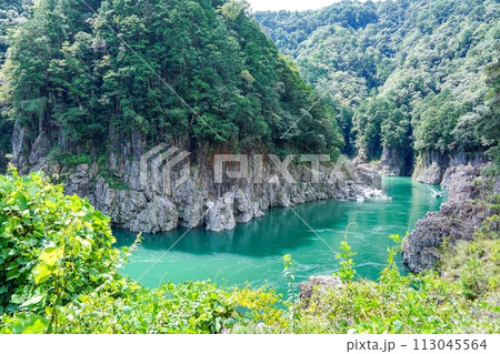 エメラルドグリーンの渓流が流れる瀞峡の情景 113045564