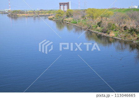 春の陽気　荒川本流　新大宮バイパス笹目橋からの眺め　春の風景 113046665