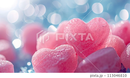 A close up view of heart shape pink sweet like candy, sugar, and jelly. AIGX01. 113046810