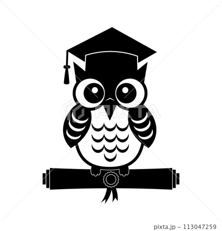 Graduation owl wearing hat flat icon. Education sign.  Vector template for poster, banner, greeting card, label, t-shirt, etc. 113047259