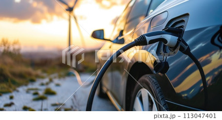 A picture of electric vehicle charging at charging station with charger. AIGX01. A picture of electric vehicle charging at charging station with charger. AIGX01. 113047401