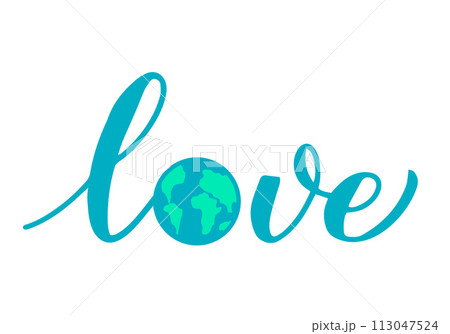 Love calligraphy hand lettering with globe.  Earth Day typography poster template. Vector template for banner, flyer, postcard, etc. 113047524