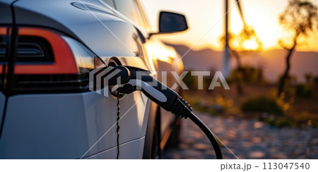 A picture of electric vehicle charging at charging station with charger. AIGX01. 113047540