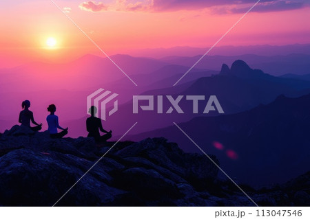 Sunrise Yoga Session on Mountain Peak. Resplendent. 113047546