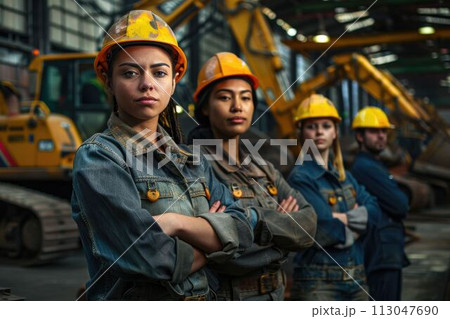 group of construction workers with background of excavation machinery aigx04 113047690