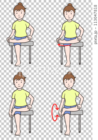 A woman sitting on a chair stretching and rotating her ankles A woman sitting on a chair stretching and rotating her ankles 113047818