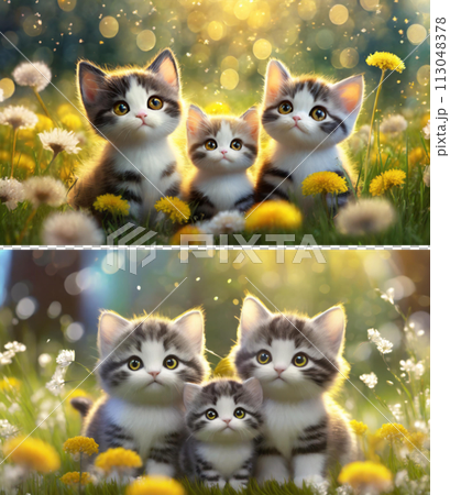 Adorable kitten family 3D characters in a dandelion field (2 images) | Edit adobe AI generated image to clear copyright issues 113048378