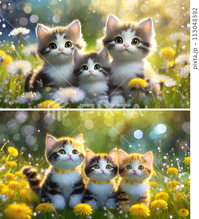 タンポポ野原の愛らしい子猫家族3Dキャラ（2画像）｜著作権問題クリアadobeAI生成画像を編集 113048392