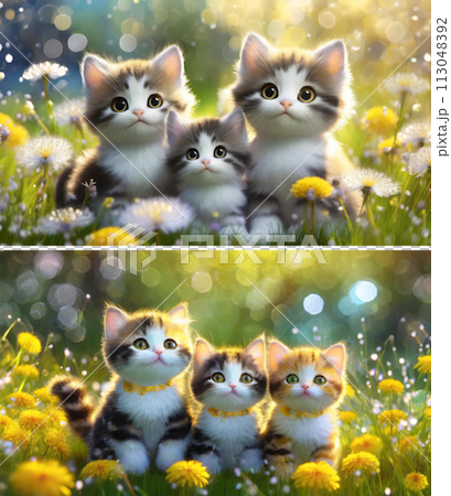タンポポ野原の愛らしい子猫家族3Dキャラ（2画像）｜著作権問題クリアadobeAI生成画像を編集 113048392