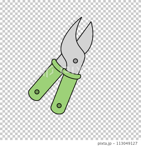 A pair of green pruning shears with a silver handle 113049127