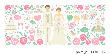 ウエディング　花に囲まれた新郎新婦のイラスト 113049178