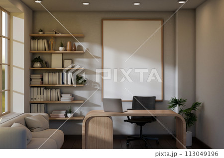 A contemporary minimalist private office or home office features a laptop on a modern desk. A contemporary minimalist private office or home office features a laptop on a modern desk. 113049196