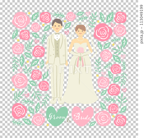 新娘和新郎被鮮花包圍的婚禮插畫 113049199