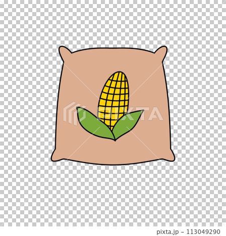 A cartoon drawing of a corn cob on top of a bag of grain A cartoon drawing of a corn cob on top of a bag of grain 113049290