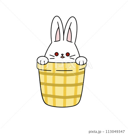 A cartoon rabbit is peeking out of a basket A cartoon rabbit is peeking out of a basket 113049347