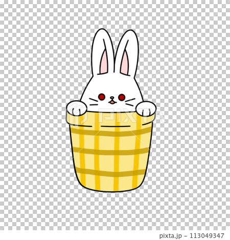 A cartoon rabbit is peeking out of a basket A cartoon rabbit is peeking out of a basket 113049347