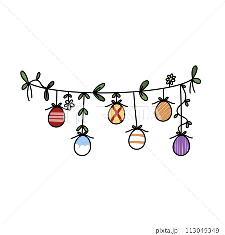 A colorful string of eggs hanging from a tree A colorful string of eggs hanging from a tree 113049349