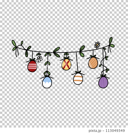 A colorful string of eggs hanging from a tree A colorful string of eggs hanging from a tree 113049349