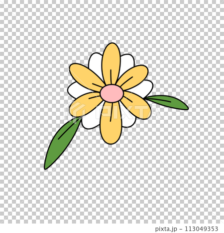 A yellow flower with a green leaf A yellow flower with a green leaf 113049353