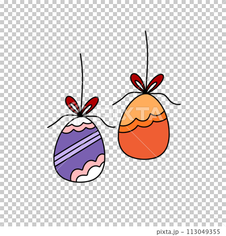 Two eggs with ribbons hanging from them Two eggs with ribbons hanging from them 113049355